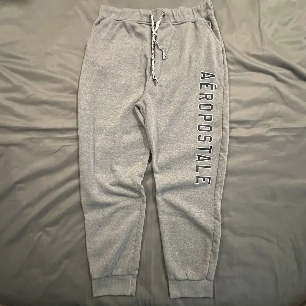 Aeropostale Sweatpants Mens 3XL Vertical Spellout Graphic Fleece Joggers Gray
